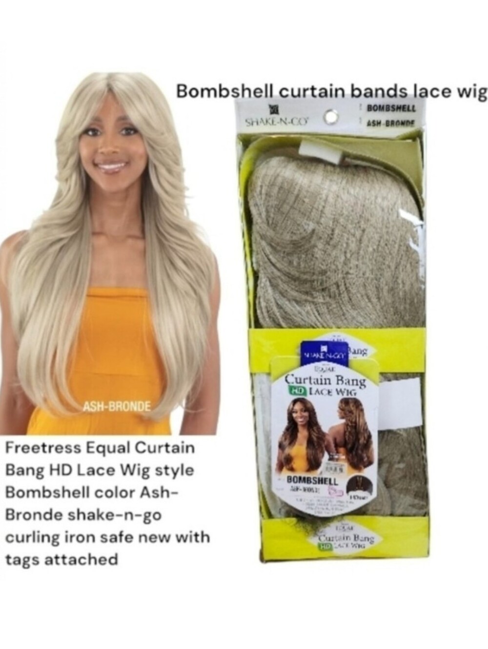 FreeTress Equal Curtain Bangs HD Lace Front Bombshell Wig color ash-bronde New